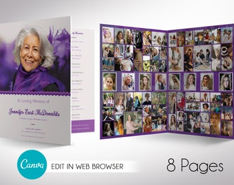 Fresh Purple Tabloid Funeral Program Template, Canva Template, Celebration of Life, Obituary Program | 8 Page | 11x17 in