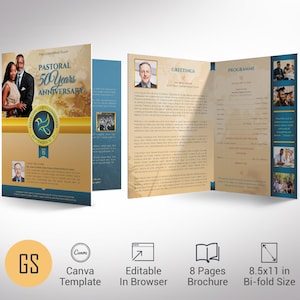 Clergy Anniversary Program Canva Template: Gold & Blue Church Event Brochure (Digital Download)