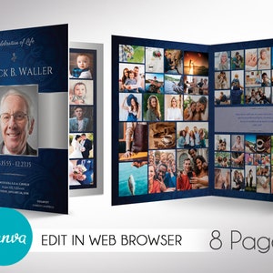 Blue & Silver Funeral Program Template: 8-Page Celebration of Life (Canva, 11x17 in)