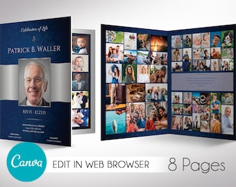 Congress Blue Tabloid Funeral Program Template for Canva | 8 Pages | Bi-fold to 8.5x11 inches