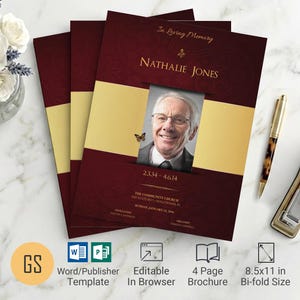 Maroon and Gold Funeral Program Template | Word and Publisher: 4 Page Bifold Obituary (8.5x11)