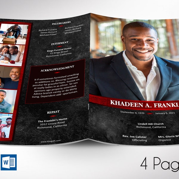 Red Funeral Program Template Word Etsy