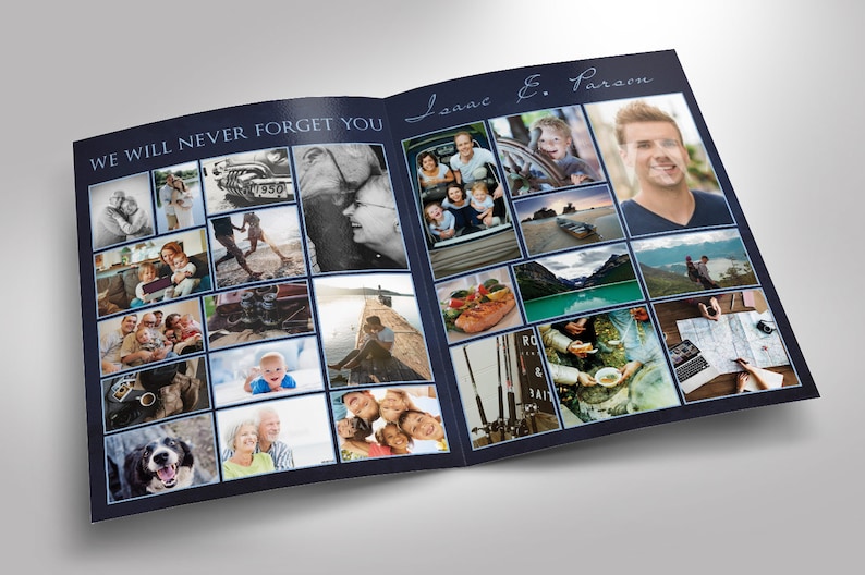 Blue Sky Funeral Program Large Template for Word and Publisher has 8 pages. The blue bi-fold brochure is decorated with beautiful ornaments, doves, and a flourishing landscape. The Tabloid Print Size of 17x11 inches is Bi-Fold to 8.5x11 inches.