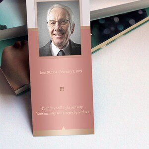 Rose Gold Funeral Bookmark Template for Word and Publisher is Size 2.75x8 inches. The design features Rose Gold colors with beautiful typography. A Celebration of Life Keepsake for memorial or funeral services.