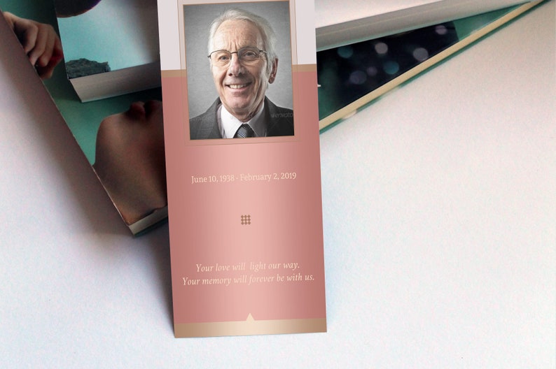 Rose Gold Funeral Bookmark Template for Word and Publisher is Size 2.75x8 inches. The design features Rose Gold colors with beautiful typography. A Celebration of Life Keepsake for memorial or funeral services.