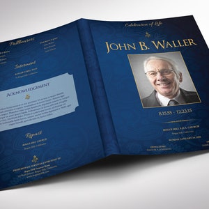 Blue Gold Dignity Funeral Program Large Template Word Template, Publisher V2, Celebration of Life 8 Pages 11x17 in image 2