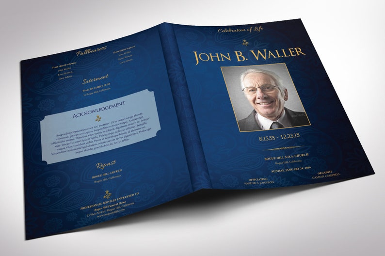 Blue Gold Dignity Funeral Program Large Template Word Template, Publisher V2, Celebration of Life 8 Pages 11x17 in image 2