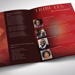 Say goodbye to the traditional, regular funeral program with the Twilight Tabloid Funeral Program Template for Canva (8 pages, 17x11 inches, bifold to 8.5x11 inches). This expressively designed twilight brick red celebration of life bi-fold brochure