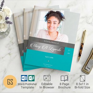 Silver Teal Funeral Program Template: 8-Page Obituary for Word (8.5x11) Digital Download)
