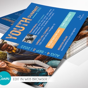 Modelo de folheto para cúpula da juventude para Canva, convite para igreja, acampamento bíblico de verão para grupo de jovens, download digital editável para impressão, 4x6 polegadas