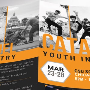 Catalyst Youth Conference Program Template for Canva – perfect for any youth gathering! Make a big impression with your youth conference program. This Canva template will create a stylish and modern personal look for your program. With 8 pages