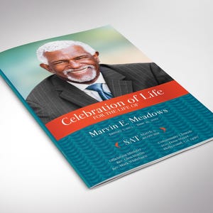 May include: A memorial booklet titled "Celebration of Life" for Marvin E. Meadows. The cover features a portrait of a smiling man in a suit, with text in white and red on a teal background.