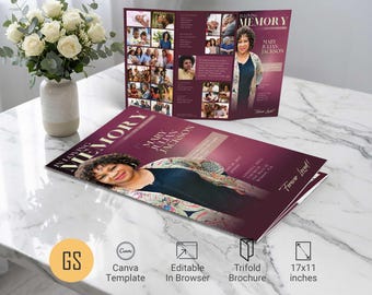 Plantilla de programa funerario de Maroon Dawn para Canva: obituario tríptico estilo revista tabloide (11 x 17) Descarga digital