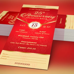 Red Gold Anniversary Banquet Ticket Template for Word and Publisher is 3x7 inches.  It features a deep red background and is highlighted with gold. Sections are included for perforation and numbering. This anniversary banquet ticket is for events