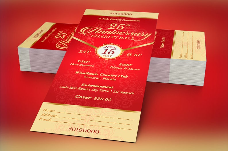 Red Gold Anniversary Banquet Ticket Template for Word and Publisher is 3x7 inches.  It features a deep red background and is highlighted with gold. Sections are included for perforation and numbering. This anniversary banquet ticket is for events