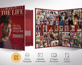 Red Gold Life Tabloid Funeral Program Template, Canva Template, Magazine Style, Celebration of Life, 8 Pages, 11x17 in