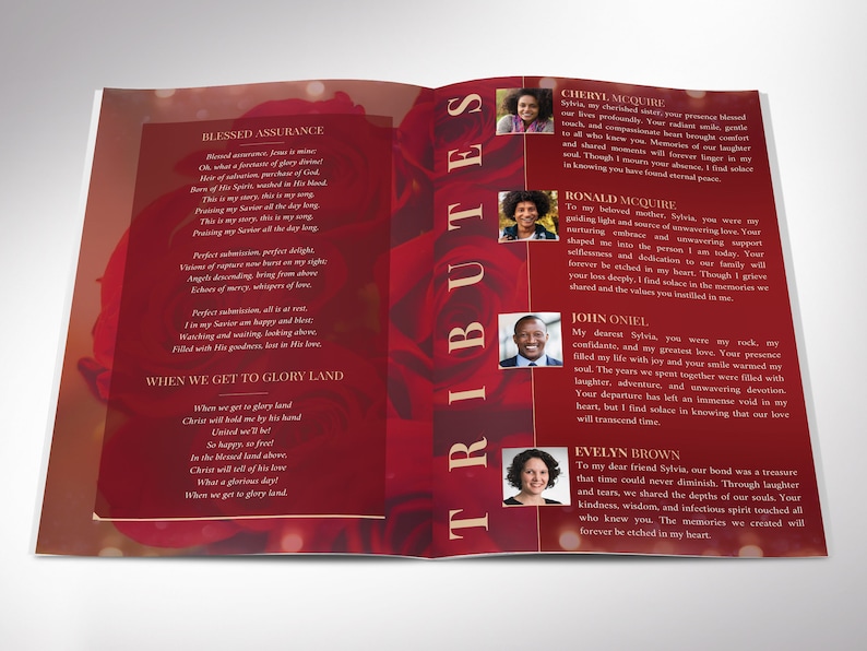 Red Gold Life Funeral Program Template, Canva Template, Magazine Style, Celebration of Life, 8 Pages, 5.5x8.5 in image 4