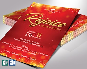 Red Gold Rejoice Christmas Concert Flyer Template, Word Template, Publisher, Musical Event, Church Invitation, 4x6 in