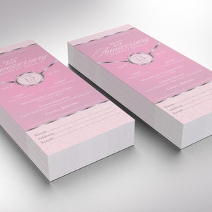 Pink Silver Anniversary Gala Ticket Template for Canva has 4 Sizes, 2x5.5, 2x6, 3x7, and 3.5 x 8.5 inches. It features a pink background with silver decals. The banquet ticket template is for any anniversary fundraiser event that has an elegant theme