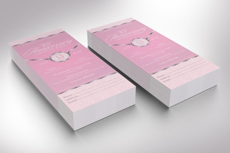 Pink Silver Anniversary Gala Ticket Template for Canva has 4 Sizes, 2x5.5, 2x6, 3x7, and 3.5 x 8.5 inches. It features a pink background with silver decals. The banquet ticket template is for any anniversary fundraiser event that has an elegant theme