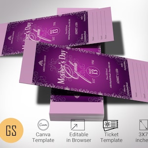 Vintage Mother&#39;s Day Gala Ticket Template: Lavender & Pink (3x7 in) (Canva Editable)