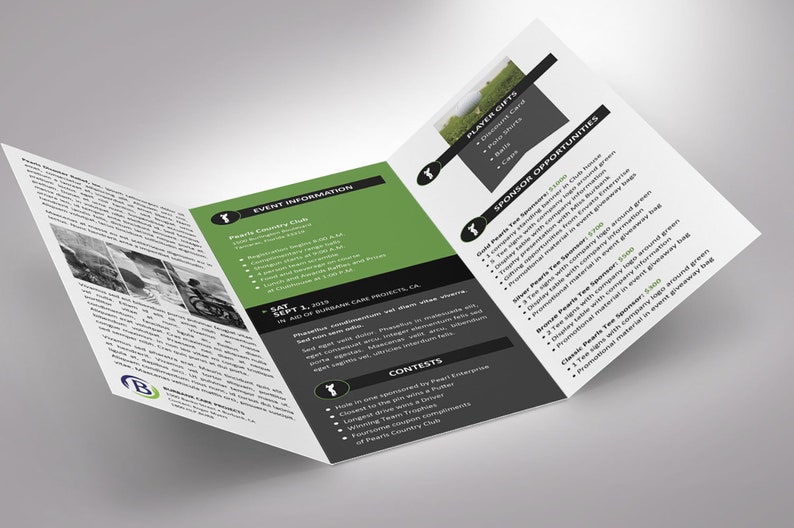 Charity Golf Tournament Brochure Word Template is designed with a classic golf theme of Green, black and white colors. Print Size: 11x8.5 inches, Tri-fold Size: 3.65x8.5 inches is for charity golf tournaments and tee-off games.