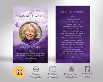 Purple Sky Funeral Prayer Card Template, Canva Template | Celebration of Life, Funeral Favor, Memorial Keepsake for Women | 3x5 in