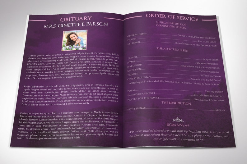 Purple Sky Funeral Program Word and Publisher Template have 8 Pages and is decorated with beautiful ornaments, doves, and a flourishing landscape over a beautiful purple background. The Print Size is 11x8.5 inches and it Bi-Fold to 5.5x8.5 inches.