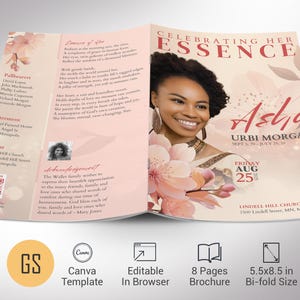 Plantilla de Canva para programa funerario en beige, esencia floral beige y rosa, 8 páginas, estilo revista, celebración de la vida, obituario para mujeres, 5.5 x 8.5 pulgadas