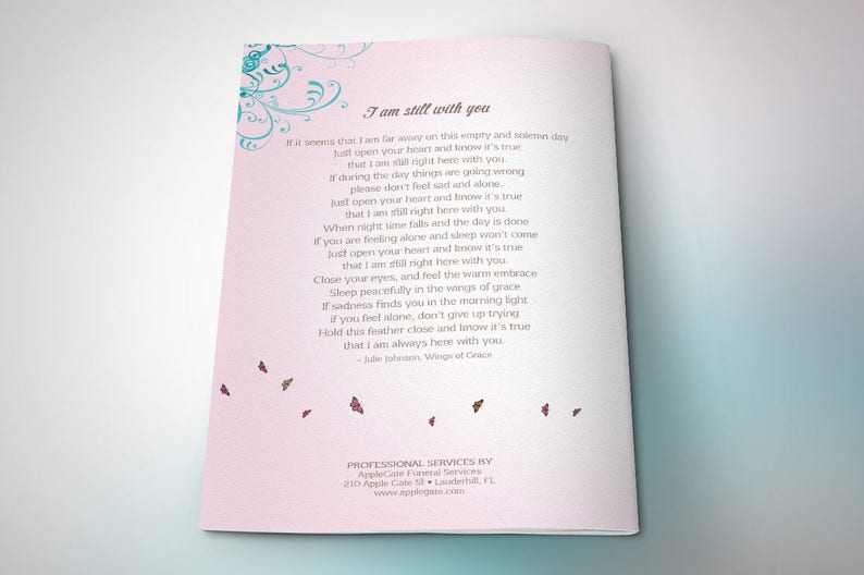 Teal Pink Funeral Program Template, Word Template, Publisher, Butterfly Celebration of Life, Obituary, 4 Pages, 5.5x8.5 in image 4