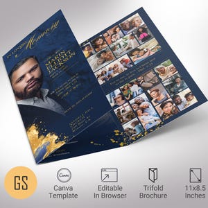 Plantilla clásica de programa funerario tríptico, Canva, azul marino dorado, celebración de la vida, plantilla de obituario para hombres, tamaño carta, 28 x 21,5 cm