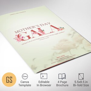 May include: A bi-fold brochure for Mother's Day Gala, with the text "Mother's Day Gala" in maroon with floral accents. The brochure is 5.5x8.5 inches in size and includes the text "All that I am or ever hope to be, I owe to my angel mother."