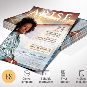 Elevate your church event with the captivating Arise Church Concert Flyer Template, a versatile Canva template perfect for your resurrection day celebration, Easter Sunday service, or worship concert.