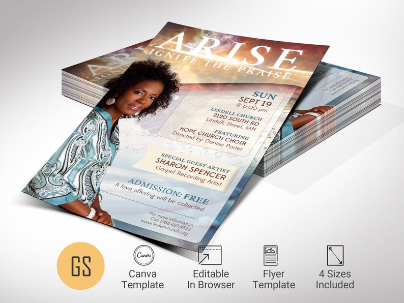 Elevate your church event with the captivating Arise Church Concert Flyer Template, a versatile Canva template perfect for your resurrection day celebration, Easter Sunday service, or worship concert.