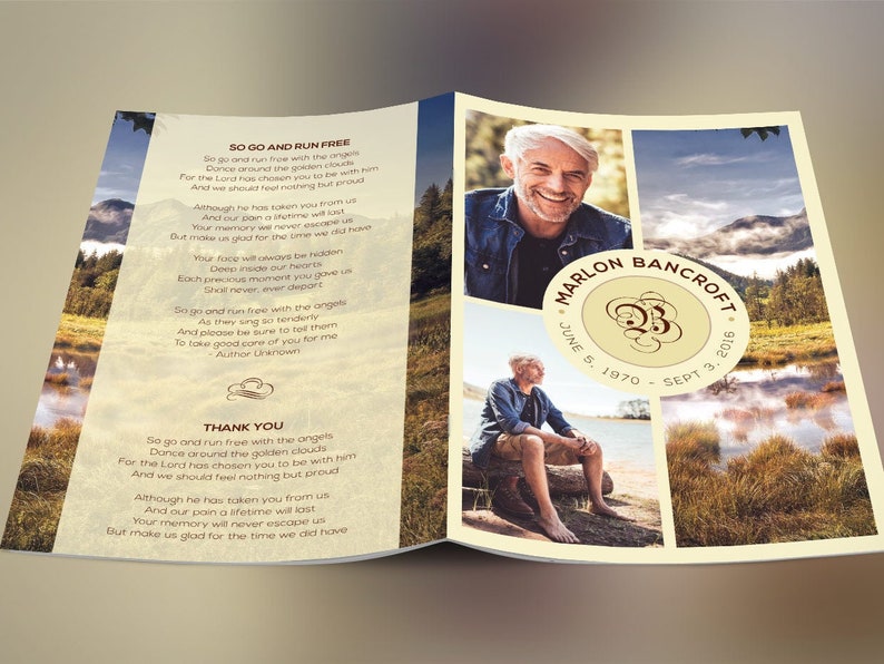 Nature Funeral Program Photoshop Template V1 features nature scenery, a yellow earth tone, and brown text. The Print Size is 11x8.5 inches, and it Bi-Fold to 5.5x8.5 inches. It is a modern funeral service bi-fold brochure. For males and females.