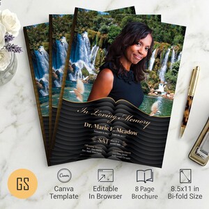 Black and Gold Waves Funeral Program Template | Canva: 8-Page Bifold Obituary (8.5x11) Digital Download