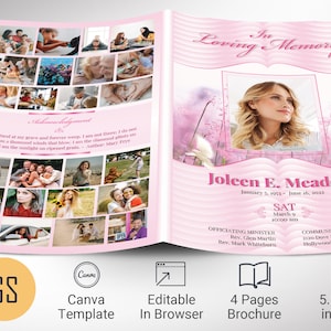 May include: Pink and white funeral program template with a photo of a woman and text that reads "In Loving Memory", "Joleen E. Meadow", "January 5, 1953 - June 16, 2022", "SAT March 9 10:00 am", "OFFICIATING MINISTER Rev. Glen Martin Rev. Mark Whitebarn", "COMMUNITY CHURCH 2130 Dove Street Hollywood, CA 34793". The template is 5.5 x 8.5 inches and is editable in a web browser.