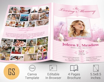 Pink Funeral Program Template 1, Canva Template, Pink White, Celebration of Life, Obituary Program, 4 Pages, 5.5x8.5 in