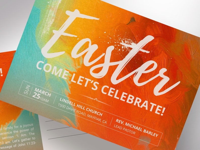 K&ouml;nnte beinhalten: Eine farbenfrohe Postkarte mit einem abstrakten, bemalten Hintergrund in Orange-, Gelb- und Blaut&ouml;nen. Der Text "Easter Come Let's Celebrate!" ist in wei&szlig;er Kursivschrift geschrieben. Der Text "Sun March 25 10AM" ist in schwarzer Schrift geschrieben. Der Text "Lindell Hill Church 1500 Davie Road, Mayfiar, CA" ist in schwarzer Schrift geschrieben. Der Text "Rev. Michael Barley Lead Pastor" ist in schwarzer Schrift geschrieben.
