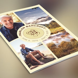 Nature Funeral Program Photoshop Template V1 features nature scenery, a yellow earth tone, and brown text. The Print Size is 11x8.5 inches, and it Bi-Fold to 5.5x8.5 inches. It is a modern funeral service bi-fold brochure. For males and females.