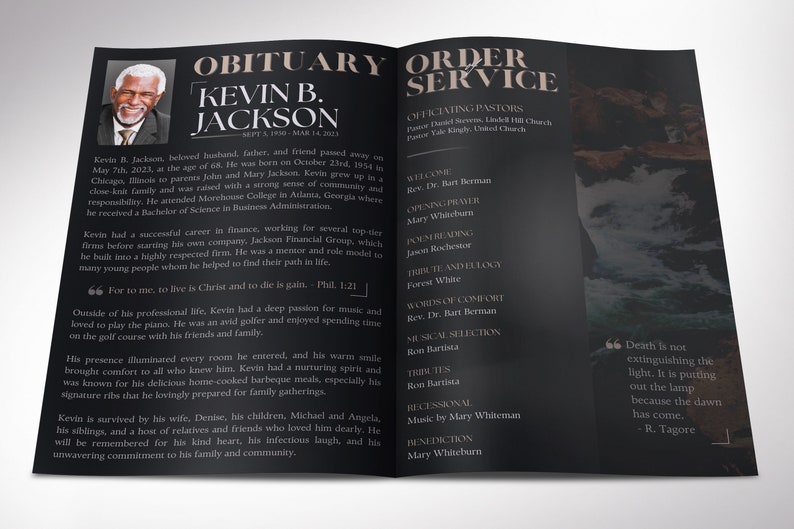 Dawn Funeral Program Template, Canva Template, Black Beige, Magazine Style, Celebration of Life, 4 Pages, 5.5x8.5 in image 3