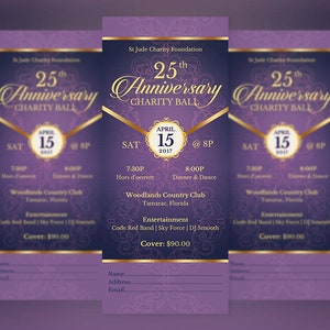 Purple Gold Anniversary Banquet Ticket Template, Word Template, Publisher, Church Anniversary, Gala Event, 3x7 inches image 8