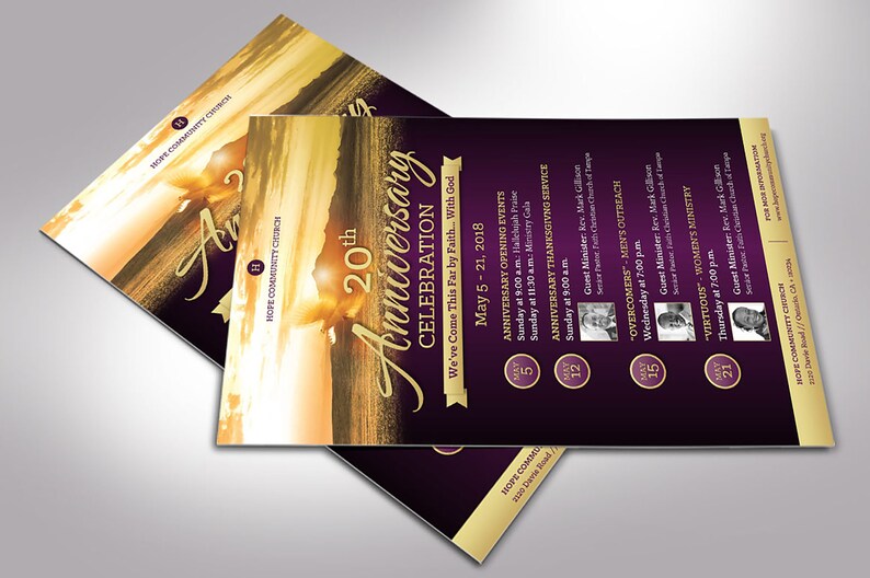 Church Anniversary Flyer Template for Word and Publisher is 5x8 inches. Purple and Gold with a landscape, sunrise and a dove are used to make this an elegant flyer. Banquet invitations and event invites are great for promoting church anniversaries