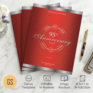 Diamond Church Anniversary Program Template | Canva: Red & Silver 8-Page Bifold Brochure (8.5x11) Digital Download