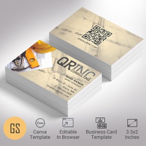 Modelo de cartão de visita de engenheiro consultor para Canva, bege e cinza, download digital, tamanho 3,5 x 2 pol.
