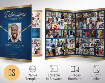 Victory Tabloid Funeral Program Template for Canva - Blue and Gold | Celebration of Life | 8 Pages | Bi-fold to 8.5x11 inches