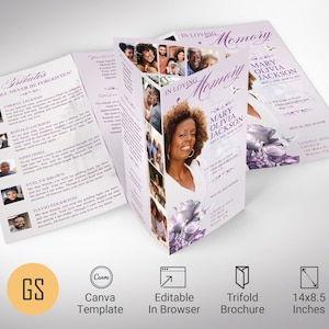 Rose Funeral Program Template: Pastel Purple Trifold (Canva, 14x8.5&quot;, Digital Download)