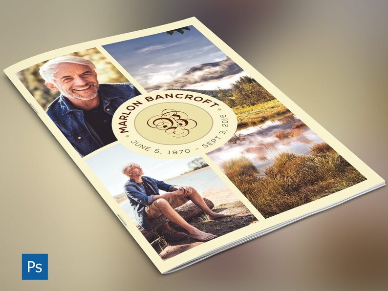 Nature Funeral Program Photoshop Template V1 features nature scenery, a yellow earth tone, and brown text. The Print Size is 11x8.5 inches, and it Bi-Fold to 5.5x8.5 inches. It is a modern funeral service bi-fold brochure. For males and females.