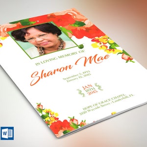 Orange Watercolor Funeral Program Template for Word and Publisher 4 Pages Bi-fold to 5.5x8.5 inches image 1