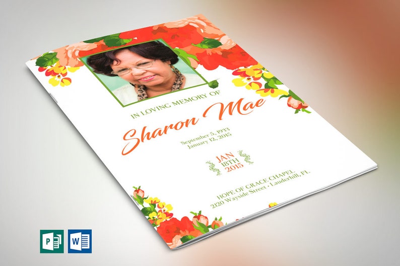 Orange Watercolor Funeral Program Template for Word and Publisher 4 Pages Bi-fold to 5.5x8.5 inches image 1